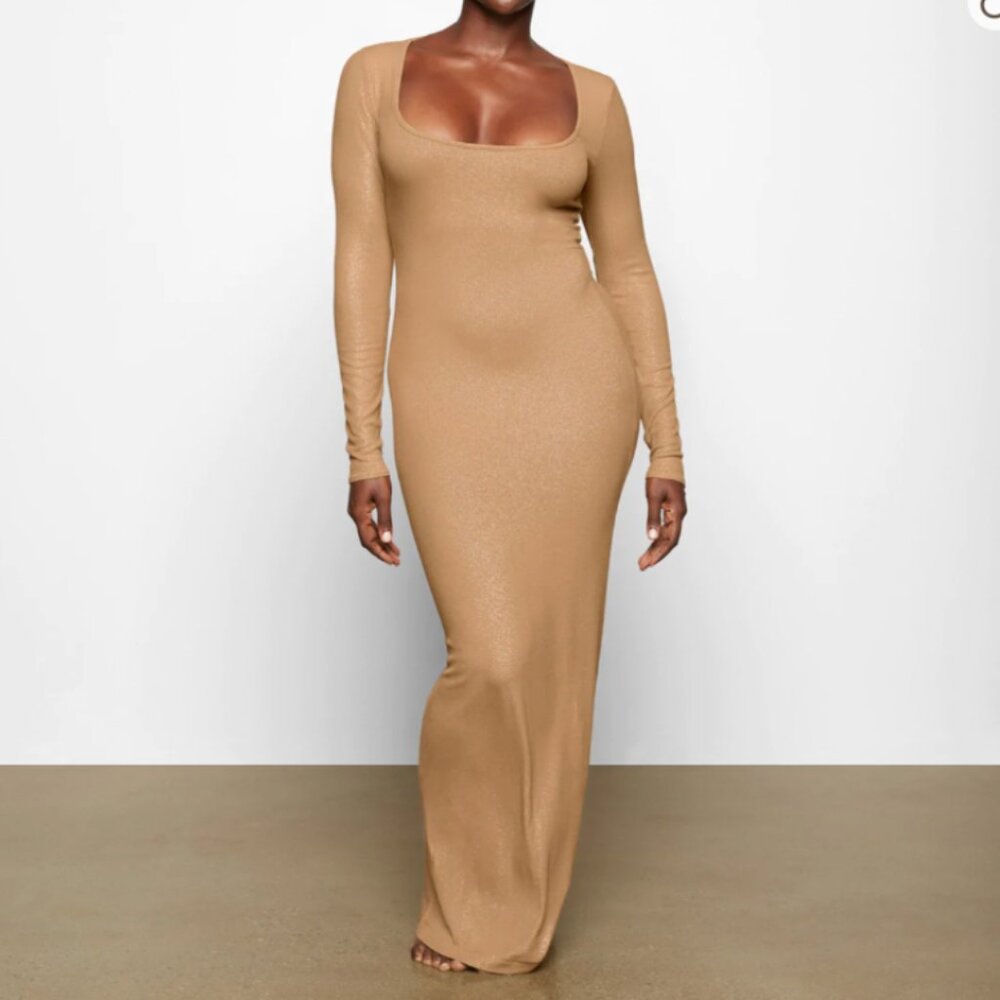 Skims Soft Lounge Shimmer Long Sleeve Dress Small Tan